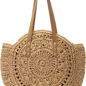 Women Straw Bag Round Handwoven Summer Beach Tote Bag Natural Chic Vacation Shou